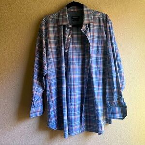 Bugatchi Classic Fit Long Sleeve Blue Plaid Buttondown Shirt, size M